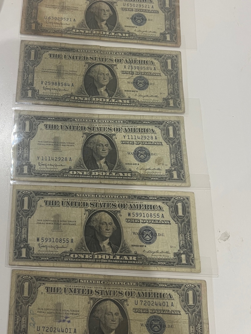 1957 B One Dollar Silver Certificates - Set of 5